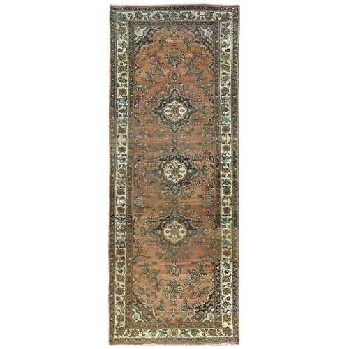 Honey Brown with Touches of Green, Vintage Persian Hamadan, Hand Knotted, Pure Wool, Distressed Look, Worn Down Wide Runner Oriental 