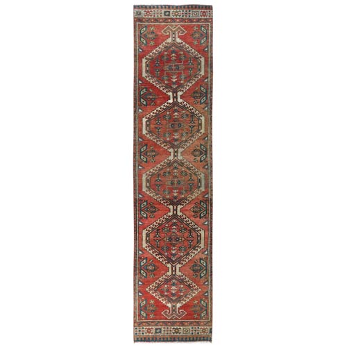 Tomato Red, Hand Knotted, Vintage Persian Hamadan with Geometric Design, Pure Wool, Distressed Look, Sheared Low Narrow Runner Oriental 