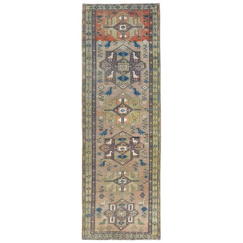 Walnut Brown, Northwest Persian Wide Runner with Small Bird Figurines, Abrash, Hand Knotted, Pure Wool, Sheared Low, Distressed Look Oriental 