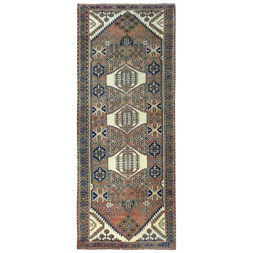 Mocha Brown with a Mix of Red Vintage Persian Heriz, Hand Knotted, Abrash, Distressed Look, Cropped Thin, Pure Wool Wide Runner Oriental 