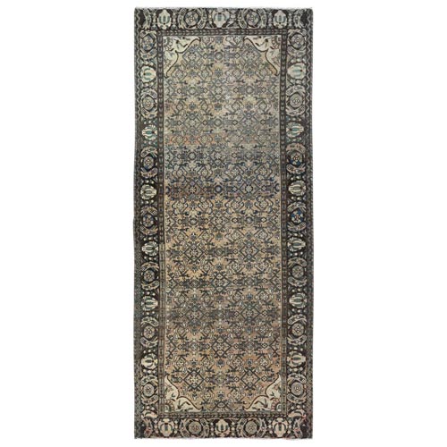 Light Brown, Fish Mahi All Over Design Vintage Persian Hamadan with Abrash, Hand Knotted, Worn Down, Distressed Look, Pure Wool Wide Runner Oriental 