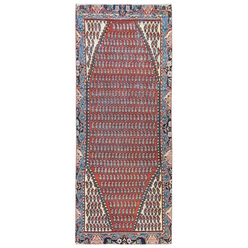 Tomato Red, Pure Wool, Vintage Persian Serab with Small Repetitive Boteh Design, Hand Knotted, Worn Down, Distressed Look, Wide Runner Oriental 