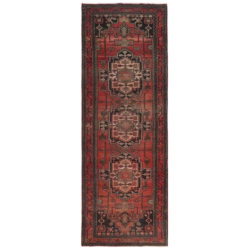 Light Red with Touches of Chocolate Brown, Distressed Look Vintage Persian Hamadan, Hand Knotted, Pure Wool, Worn Down, Wide Runner Oriental 