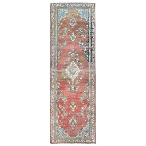 Tomato Red with Sunset Colors, Hand Knotted Vintage Persian Bibikabad, Abrash, Pure Wool, Cropped Thin, Distressed Look Wide Runner Oriental 