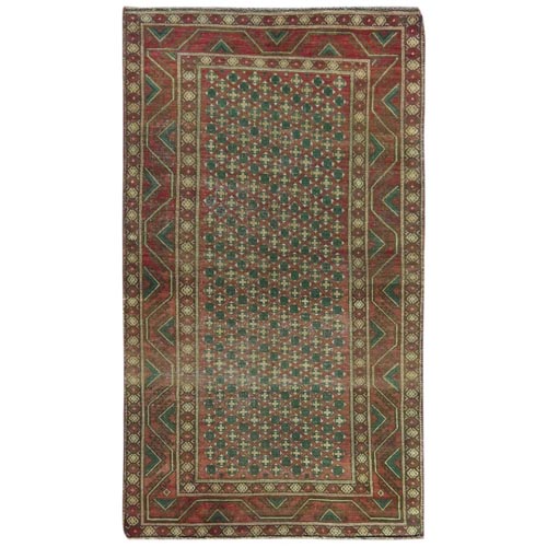 Light Red Sheared Low Vintage Persian Baluch with Small Repetitive Design, Hand Knotted Pure Wool, Distressed Look Oriental 