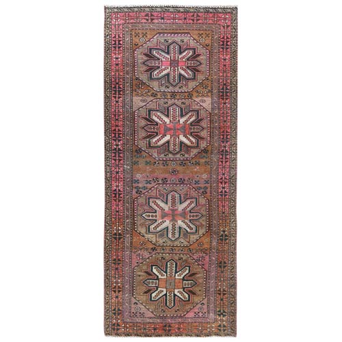 Honey Brown with Touches of Pink Vintage Persian Heriz, Abrash, Distressed Look, Worn Down, Hand Knotted Pure Wool Wide Runner Oriental 