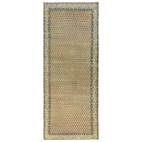 Faded Peach, Hand Knotted Vintage Persian Seraband with Small Repetitive All Over Boteh Design, Pure Wool, Distressed Look, Sheared Low Wide Runner Oriental 