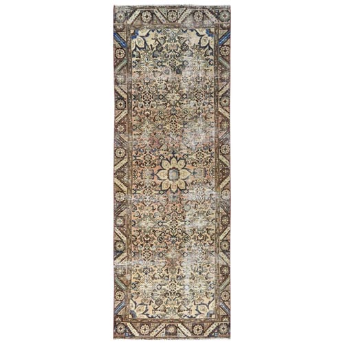 Sand Color Worn Down Vintage Persian Hamadan with Fish Mahi Design, Hand Knotted, Distressed Look, Pure Wool Wide Runner Oriental 
