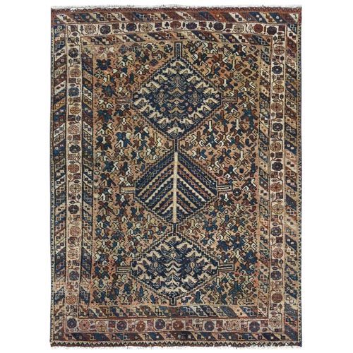 Sand Color Vintage Persian Khamseh with Serrated Medallion Design, Hand Knotted Pure Wool, Distressed Look, Sheared Low Oriental 