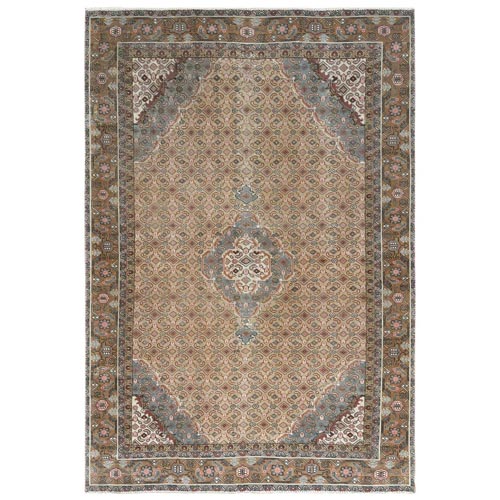 Walnut Brown, Vintage Persian Tabriz Cropped Thin Distressed Look, Shabby Chic Worn Wool Hand Knotted, Oriental 