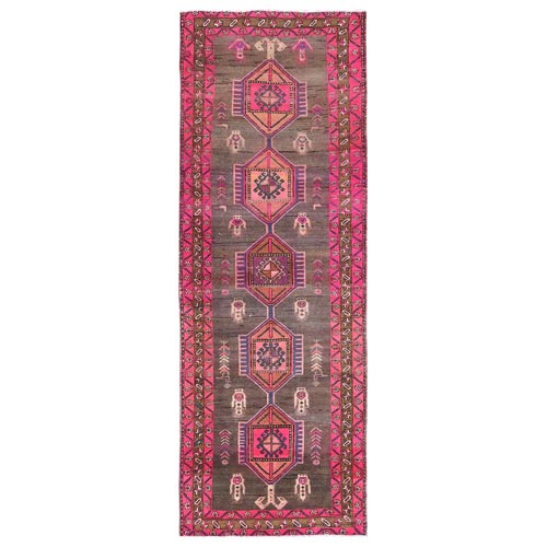 Mocha Brown with Pink, Vintage Persian Heriz, Geometric Medallions, Hand Knotted Pure Wool, Bohemian, Clean, Worn Down, Wide Runner Oriental 