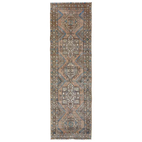 Hazelnut Brown, Bohemian Vintage Persian Heriz with Geometric Design, Hand Knotted Pure Wool, Clean, Distressed, Wide Runner Oriental Rug