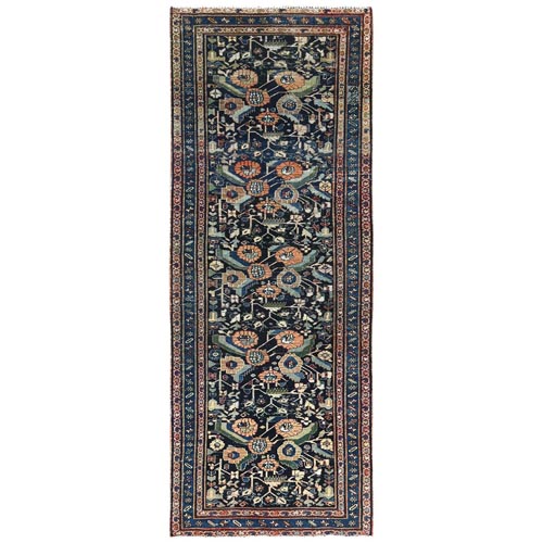Midnight Blue, Vintage Persian Bakhtiar with All Over Motifs, Hand Knotted Pure Wool, Professionally Cleaned, Sheared Low, Wide Runner Oriental Rug