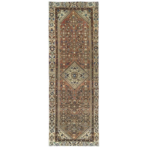 Almond Brown, Vintage Persian Hamadan with Geometric Medallion, Pure Wool Hand Knotted, Clean, Cropped Thin, Wide Runner Oriental 