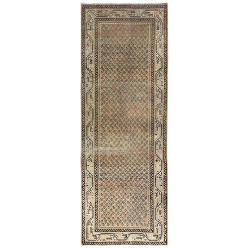 Light Coral, Pure Wool, Vintage Persian Sarouk Mir with Small Repetitive Boteh Design, Clean, Hand Knotted, Distressed, Wide Runner Oriental 