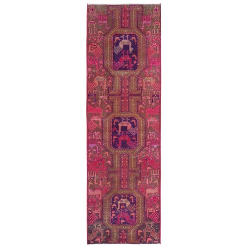Hazelnut Brown with Pink & Purple, Northwest Persian, Peacock Design, Clean, Worn Down, Hand Knotted, Pure Wool, Runner Oriental Rug