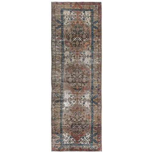Light Red with Touches of Chocolate Brown, Bohemian Vintage & Worn Persian Heriz, Professionally Cleaned, Distressed, Hand Knotted Pure Wool Wide Runner Oriental Rug