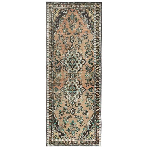 Light Coral, Bohemian Vintage Persian Bibikabad with Flower Medallions, Clean, Pure Wool, Hand Knotted, Worn Down Wide Runner Oriental Rug