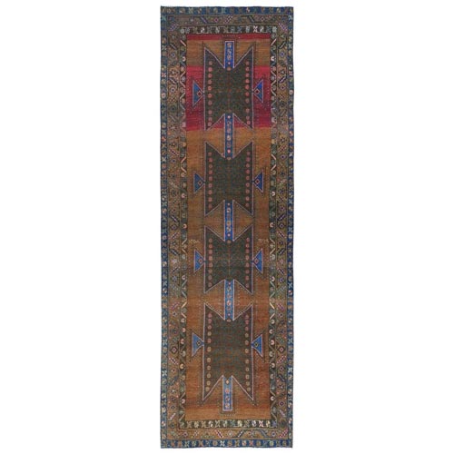 Honey Brown, Bohemian Vintage Persian Mazlaghan with Unique Design, Distinct Abrash, Cropped Thin, Pure Wool Hand Knotted, Clean Wide Runner Oriental Rug