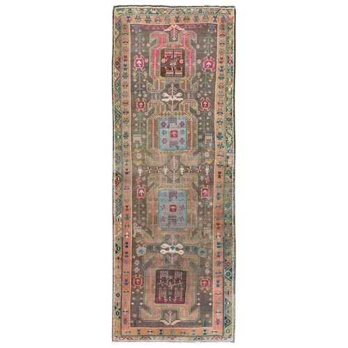 Almond Brown, Vintage Northwest Persian with Large Elements Medallions, Small Animal and Human Figurines, Clean, Worn Down, Pure Wool Hand Knotted Wide Runner Oriental Rug