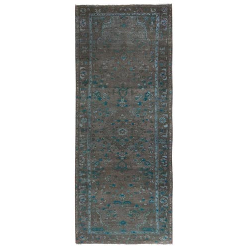 Brown Overdyed with Touches of Blue, Vintage Persian Bibikabad, Sheared Low, Clean, Pure Wool, Hand Knotted Wide Runner Oriental Rug