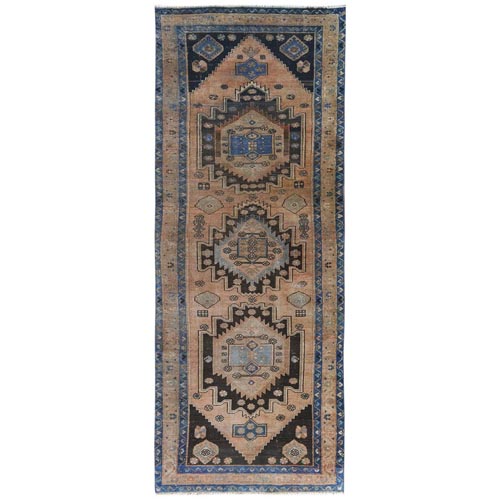 Beige, Bohemian Vintage Persian Hamadan with Geometric Medallions, Professionally Cleaned, Hand Knotted Pure Wool, Worn Down Wide Runner Oriental Rug