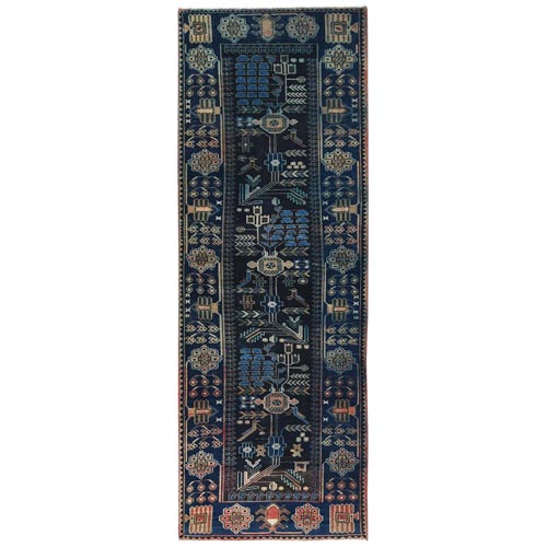 Charcoal Black, Vintage Northwest Persian with Bird Figurines, Hand Knotted, Clean, Pure Wool, Distressed Wide Runner Oriental Rug