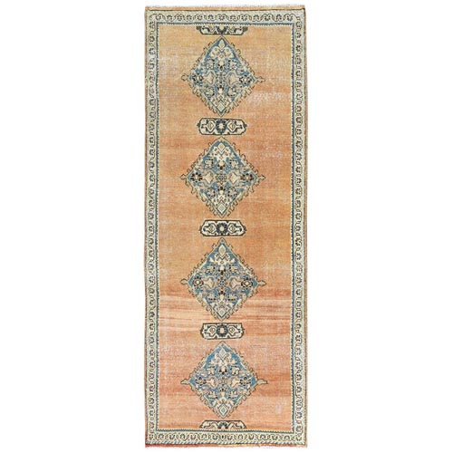 Beige with a Distinct Abrash, Vintage Persian Mahal, Open Field Medallion Design, Clean, Worn Down, Pure Wool Hand Knotted, Wide Runner Oriental 