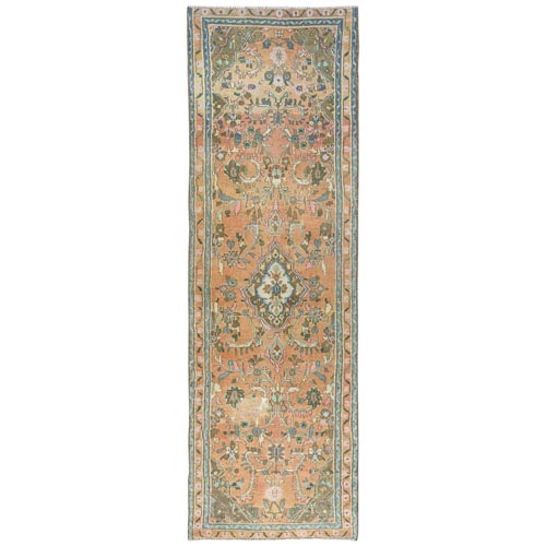 Light Coral with Touches of Brown, Vintage Persian Bibikabad, Hand Knotted Pure Wool, Clean, Sheared Low Wide Runner Oriental Rug