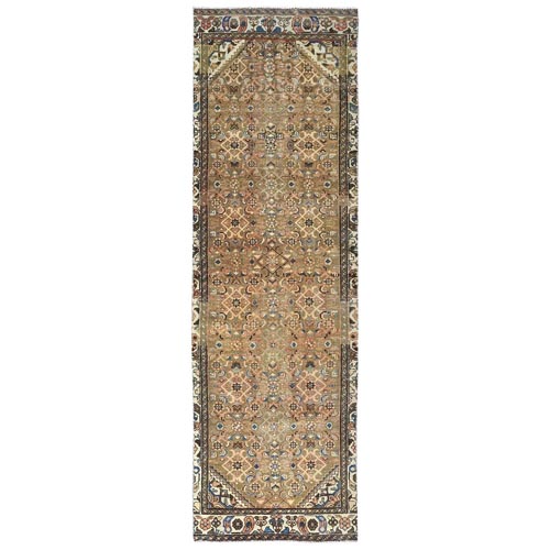 Taupe, Bohemian Vintage Persian Hamadan with Fish Mahi Herat All Over Design, Hand Knotted Pure Wool, Distressed Wide Runner Oriental Rug