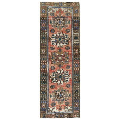 Tomato Red with a Distinct Abrash, Vintage Persian Hamadan, Geometric Medallions, Clean, Pure Wool Hand Knotted, Worn Down Wide Runner Oriental Rug
