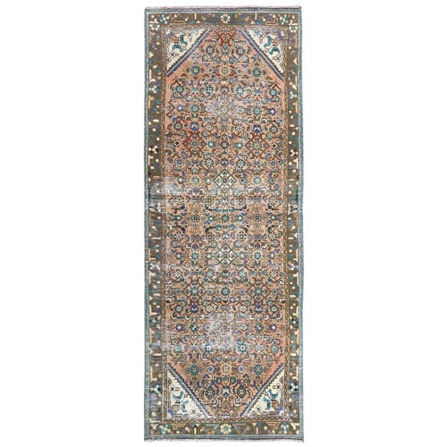 Tan Color, Vintage Persian Hamadan with All Over Fish Mahi Design, Professionally Cleaned, Pure Wool Hand Knotted, Cropped Thin Wide Runner Oriental Rug
