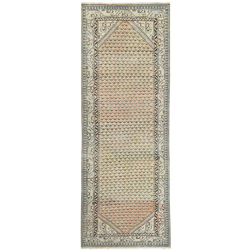 Sand Color Vintage Persian Sarouk Mir with Small Repetitive Boteh Design, Clean, Hand Knotted Pure Wool, Worn Down Wide Runner Oriental Rug