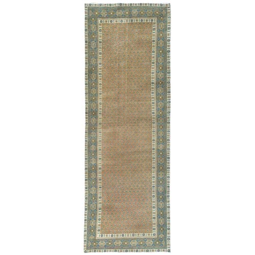Honey Brown, Bohemian Vintage Persian Serab with Small Repetitive Tree Design, Sheared Low, Hand Knotted Pure Wool, Clean, Wide Runner Oriental Rug