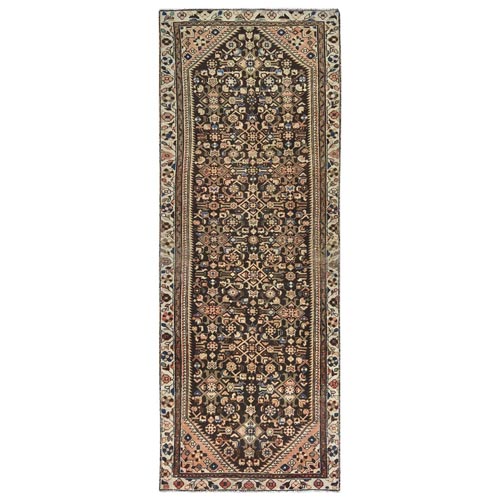 Chocolate Brown, Vintage Persian Hamadan with Fish Mahi Herat All Over Design, Hand Knotted Pure Wool, Clean, Worn Down Wide Runner Oriental Rug