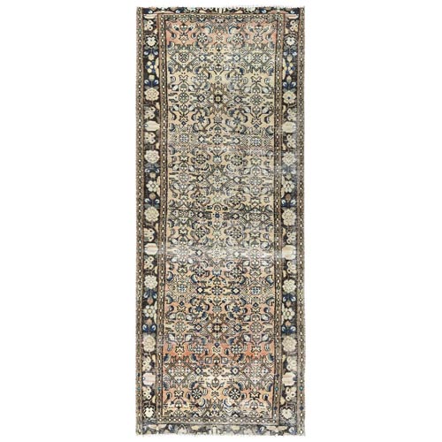 Beige, Hand Knotted, Vintage Persian Hamadan with Fish Mahi Herat All Over Design, Distinct Abrash, Clean, Worn Down, Pure Wool Wide Runner Oriental Rug