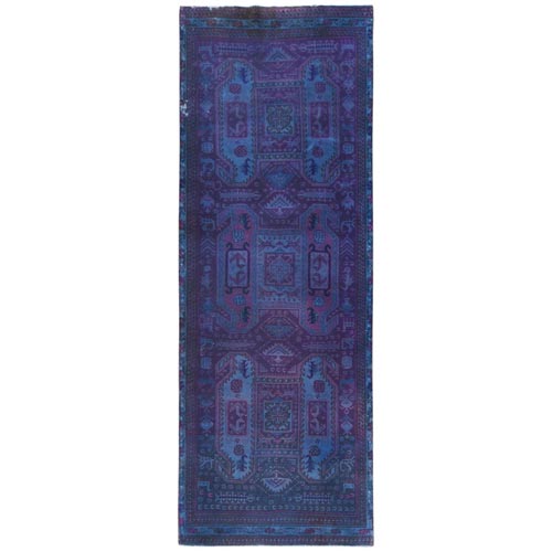 Purple Overdyed, Pure Wool, Bohemian Vintage Northwest Persian with Large Elements Design, Hand Knotted, Clean, Sheared Low, Wide Runner Oriental 