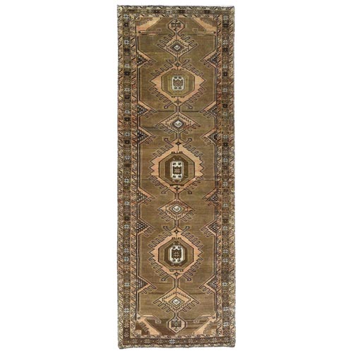 Mocha Brown, Vintage Persian Karajeh with Geometric Design, Hand Knotted, Distressed, Professionally Cleaned, Pure Wool Wide Runner Oriental Rug
