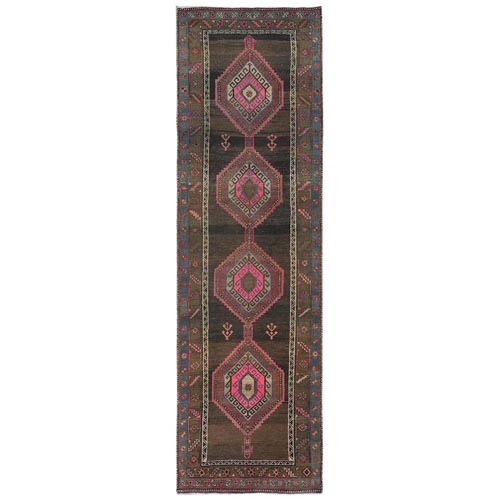 Chocolate Brown with Abrash, Bohemian Vintage Persian Hamadan, Pink Medallions, Hand Knotted, Professionally Cleaned, Worn Down, Wide Runner Oriental Rug