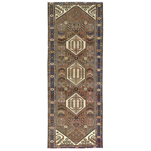 Almond Brown, Bohemian Vintage Persian Hamadan with Geometric Medallions, Hand Knotted Pure Wool, Worn Down, Clean, Wide Runner Oriental Rug