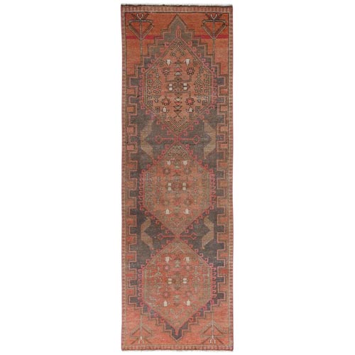Earth Tone and Sunset Colors, Distinct Abrash, Hand Knotted, Vintage Persian Hamadan, Professionally Cleaned, Pure Wool, Sheared Low Wide Runner Oriental Rug
