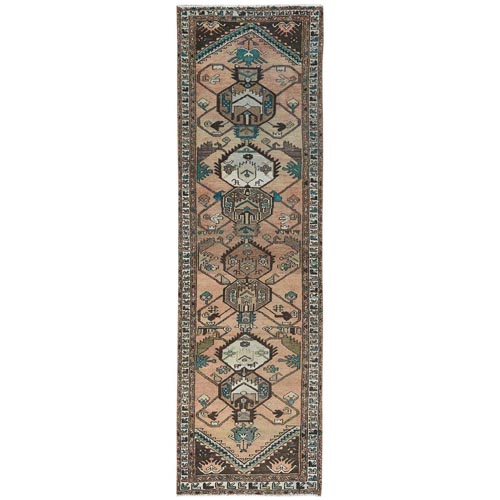 Beige, Bohemian Vintage Persian Hamadan with Unique Geometric Design, Hand Knotted, Clean, Cropped Thin, Pure Wool Runner Oriental 