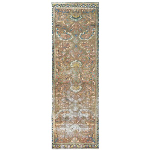 Taupe, Worn Down, Bohemian Vintage Persian Lilahan, Hand Knotted, Pure Wool, Professionally Cleaned Wide Runner Oriental Rug
