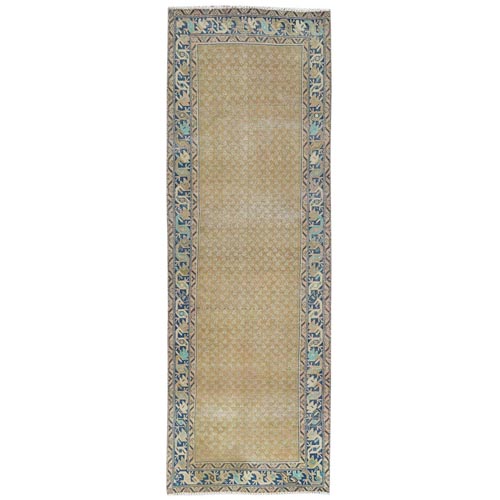 Mocha Brown, Vintage Persian Serab with All Over Small Repetitive Boteh Design, Hand Knotted Pure Wool, Distressed, Clean Wide Runner Oriental Rug
