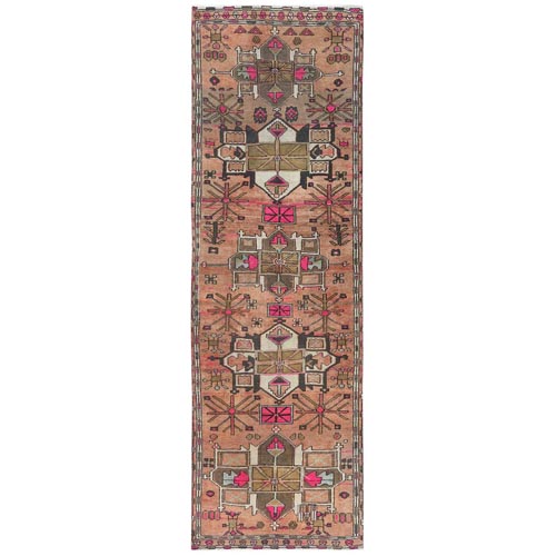 Light Red, Bohemian Vintage Northwest Persian with Geometric Medallions, Hand Knotted Pure Wool, Clean, Distressed Wide Runner Oriental Rug