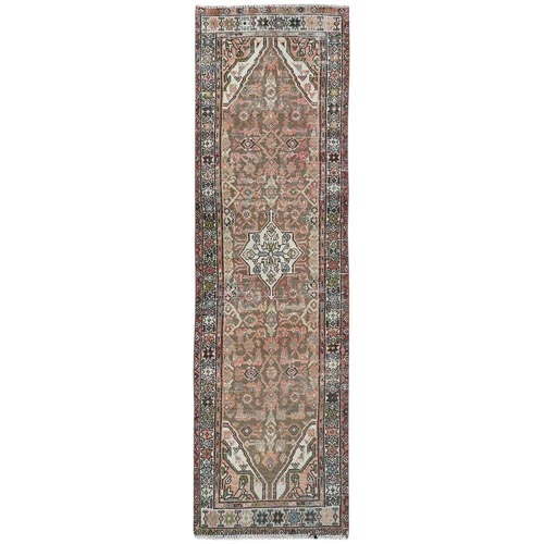 Chocolate Brown, Vintage Persian Hamadan, Pure Wool, Hand Knotted, Clean, Sheared Low Runner Oriental Rug