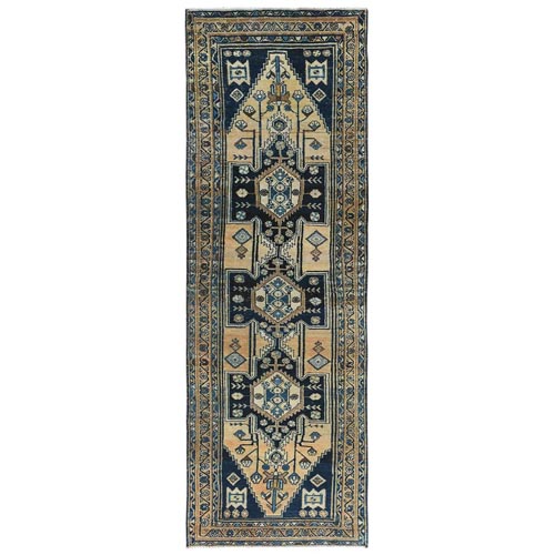 Light Coral with a Mix of Midnight Blue, Vintage Persian Mosel, Hand Knotted Pure Wool, Clean, Worn Down Wide Runner Oriental Rug