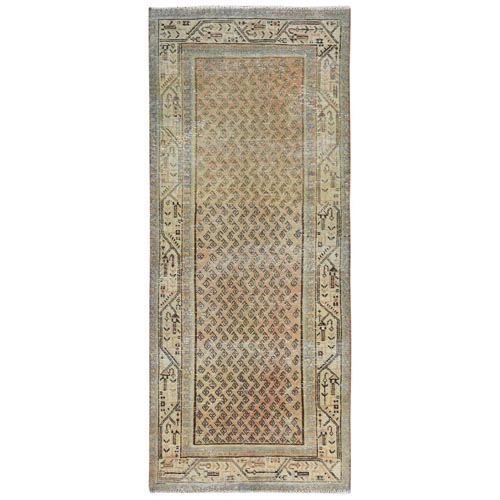 Sand Color, Vintage Persian Serab with All Over Small Repetitive Boteh Design, Hand Knotted Pure Wool, Cropped Thin, Clean Wide Runner Oriental 