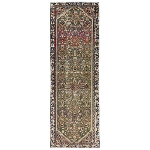Moss Green, Bohemian Vintage Persian Malayer with Fish Mahi Herat All Over Design, Distinct Abrash, Hand Knotted Pure Wool, Worn Down, Clean, Wide Runner Oriental Rug