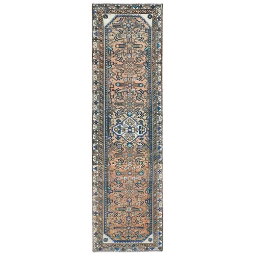 Light Melon, Abrash, Vintage Persian Hamadan with Fish Mahi Herat All Over Design, Hand Knotted Pure Wool, Distressed, Clean, Narrow Runner Oriental 
